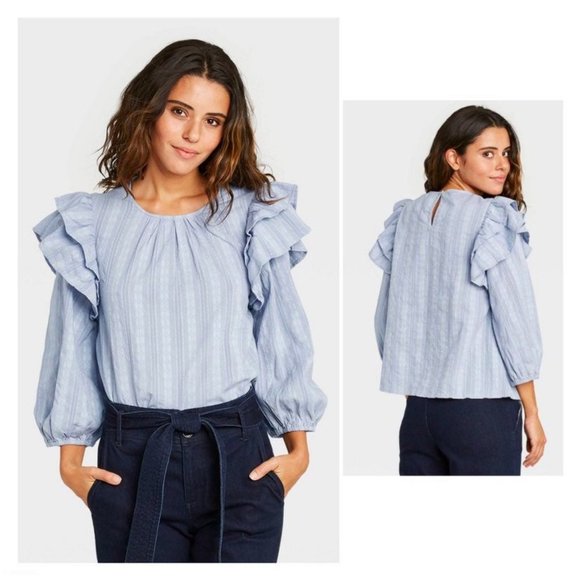 SOLD Universal Thread NWT Blue Ruffle Puff Sleeves Cotton Blouse Top S - Picture 2 of 11